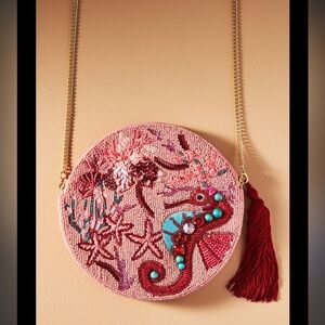 Anthropologie Under The Sea Sea Horse Beaded Circle Pouch in Red